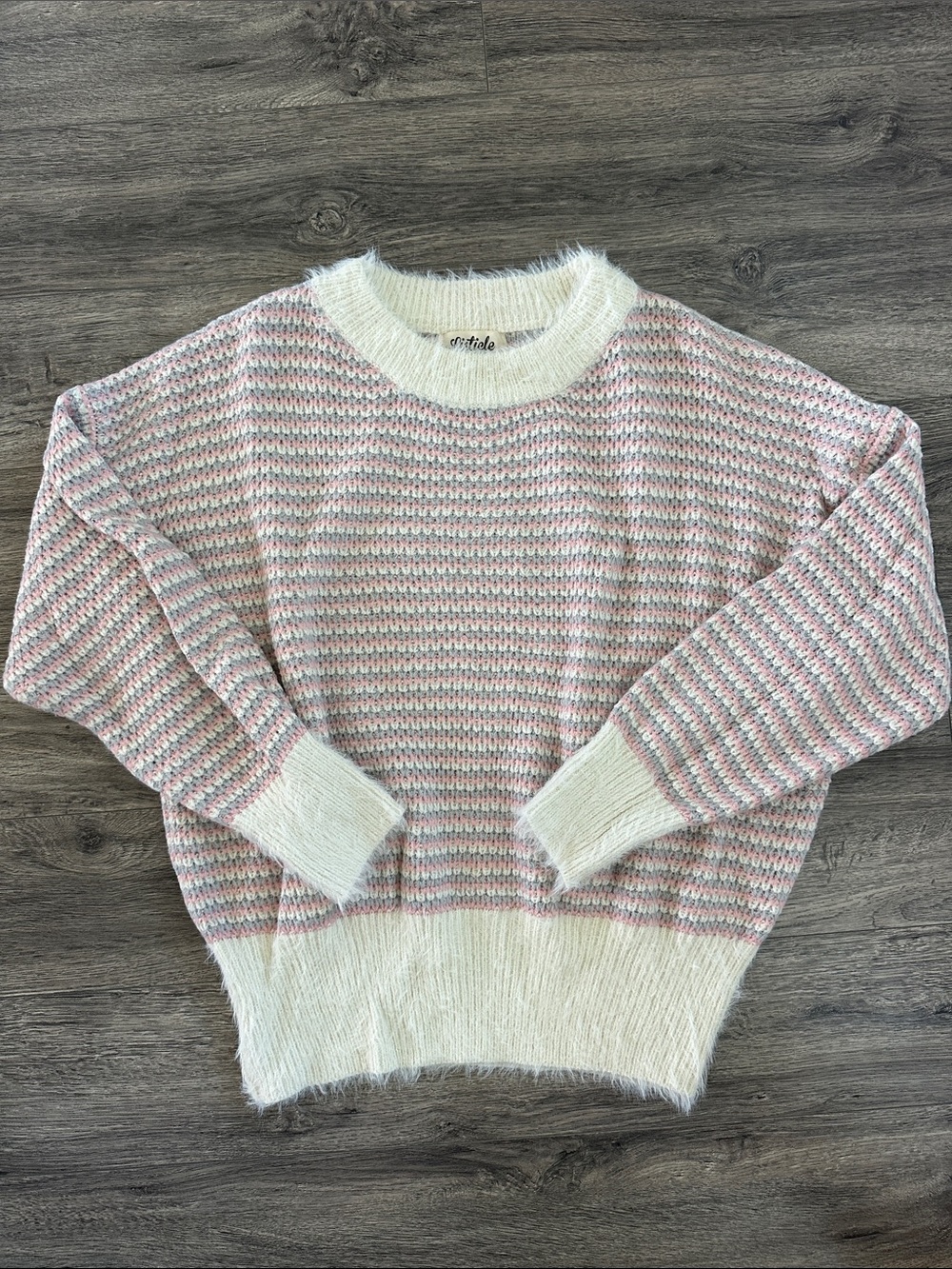 Listicle Pastel Striped Fuzzy Crewneck Sweater - Pink, Cream & Light Blue